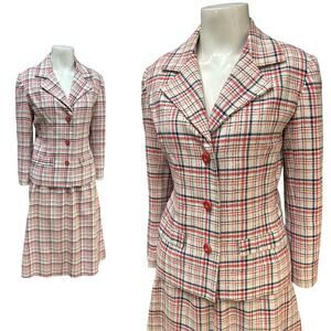 Vintage 1970s Plaid Skirt Suit Set Red Check Blazer with Matching Skirt - XS/S -